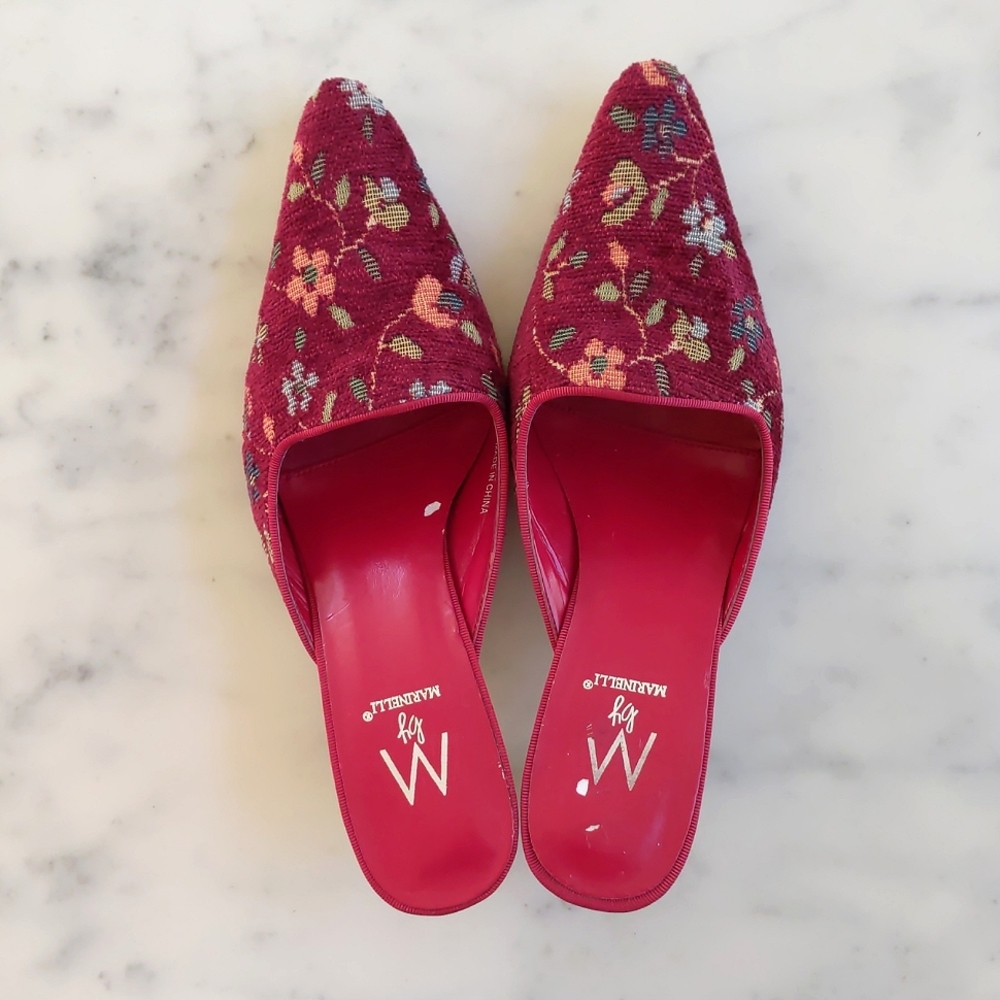 M by Marinelli Multicolor Floral Jacquard Leather Sole Mules with 2.5" Heel.